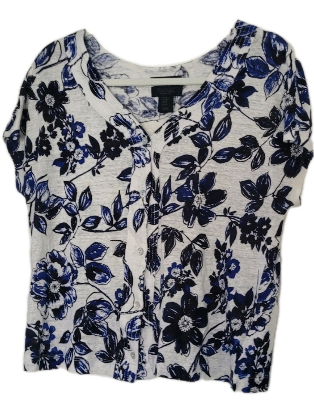 Rachel Roy Women's 100% Linen Floral Print Shirt Button Front Boxy Fit Size M